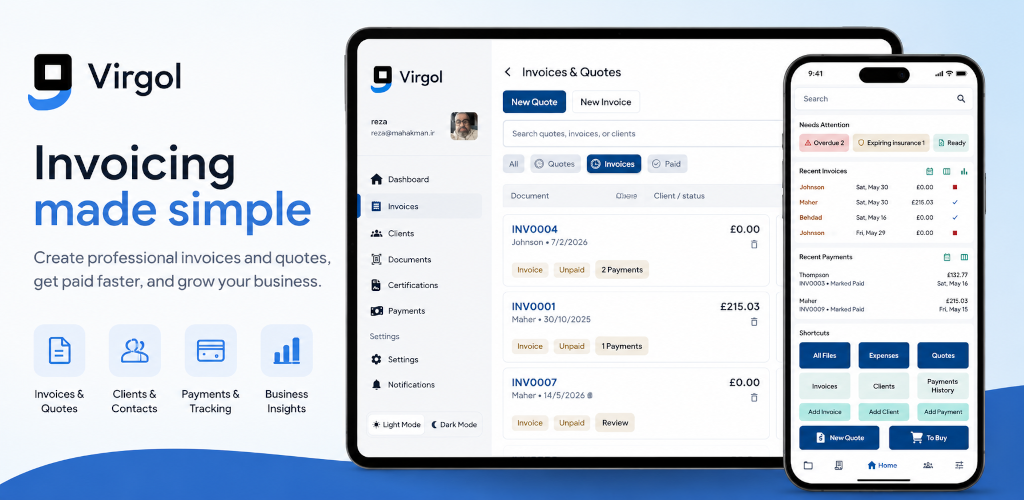 Virgol shown on phone and tablet screens