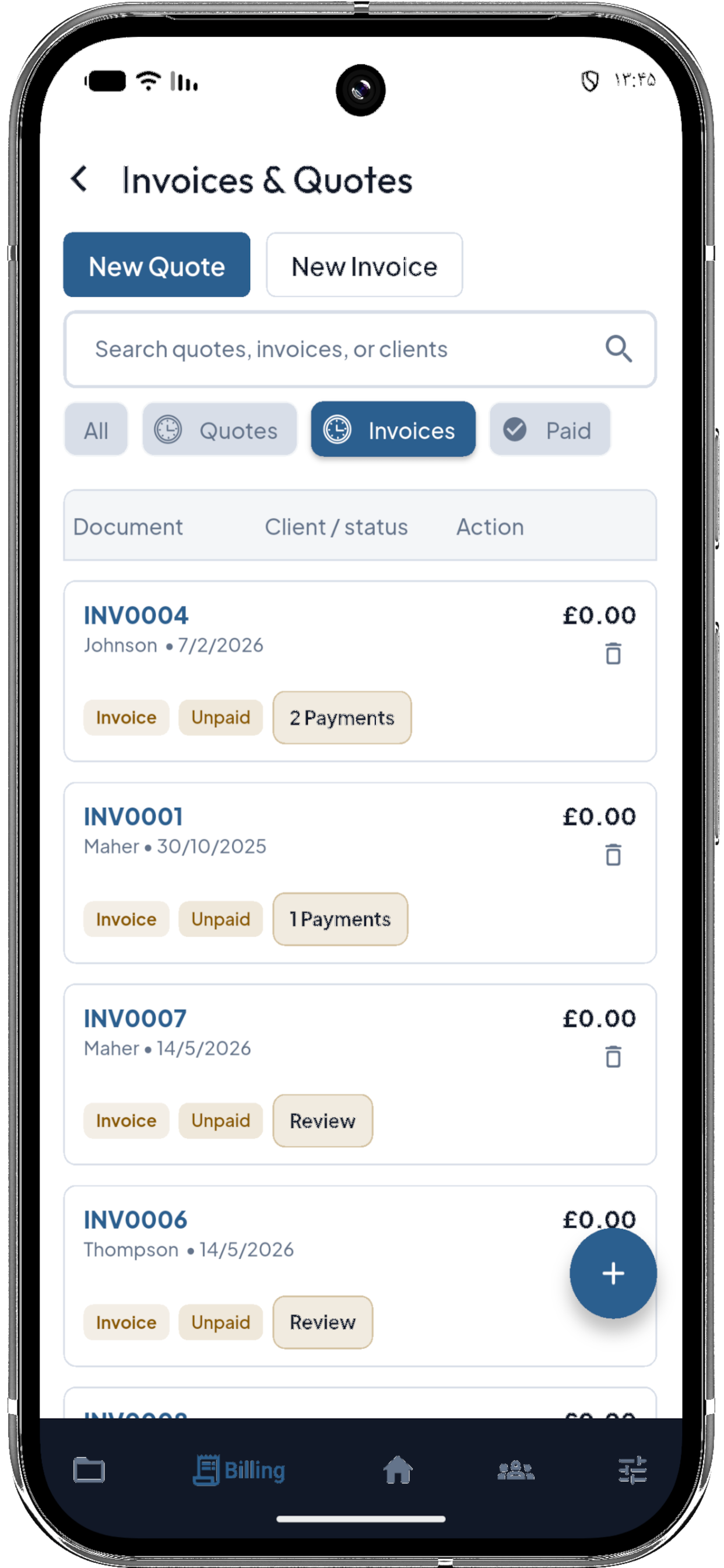 Virgol invoices list on phone